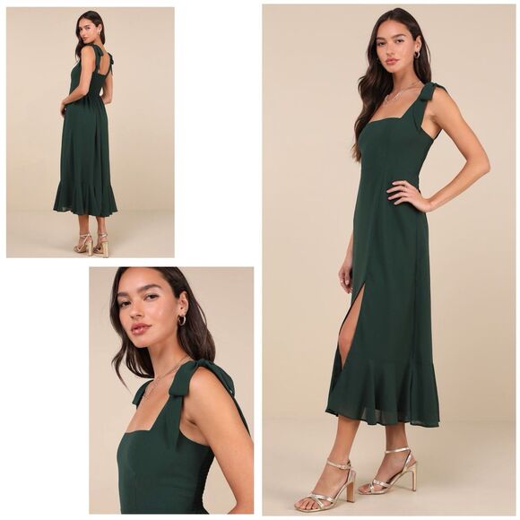 Lulus Summer Invite Dress Women's S Emerald Green Midi Tie Strap Tiered NWT - Picture 1 of 10